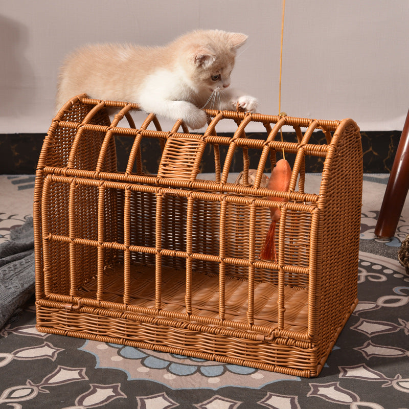 Contemporary Boho Rectangular PP/PE Faux Rattan Iron Handwoven Crab Cage-Shaped Cat Bed For Bedroom