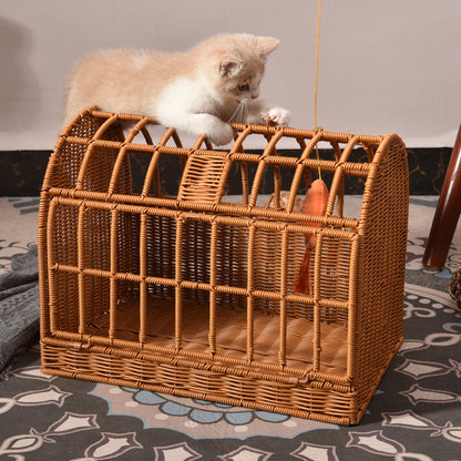 Contemporary Boho Rectangular PP/PE Faux Rattan Iron Handwoven Crab Cage-Shaped Cat Bed For Bedroom
