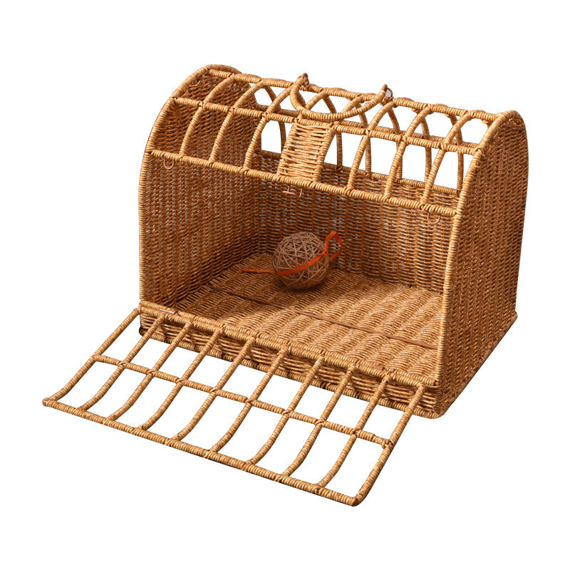 Contemporary Boho Rectangular PP/PE Faux Rattan Iron Handwoven Crab Cage-Shaped Cat Bed For Bedroom