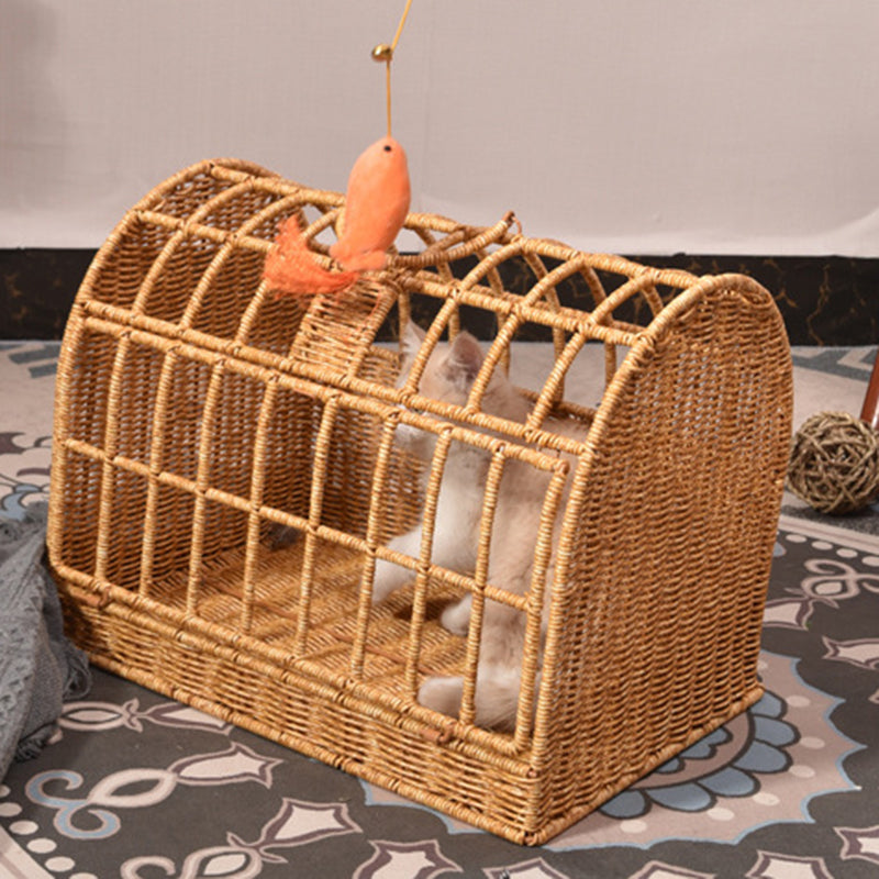Contemporary Boho Rectangular PP/PE Faux Rattan Iron Handwoven Crab Cage-Shaped Cat Bed For Bedroom