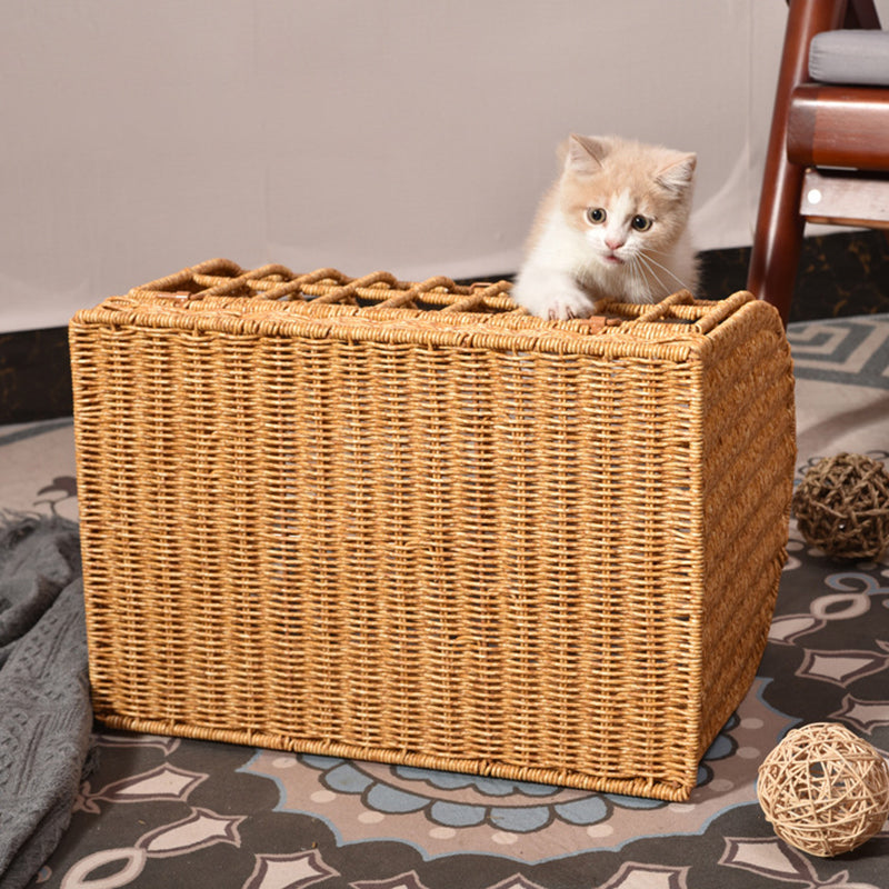 Contemporary Boho Rectangular PP/PE Faux Rattan Iron Handwoven Crab Cage-Shaped Cat Bed For Bedroom