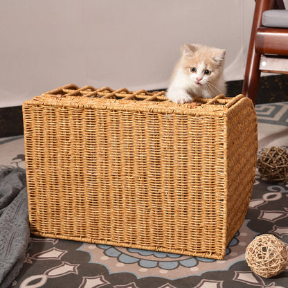 Contemporary Boho Rectangular PP/PE Faux Rattan Iron Handwoven Crab Cage-Shaped Cat Bed For Bedroom