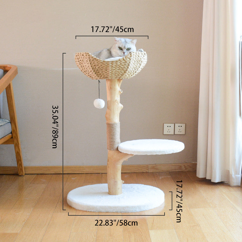 Contemporary Scandinavian Round Natural Fruitwood Particle Board Sisal Velvet Fabric Multi-Functional Cat Tree For Bedroom