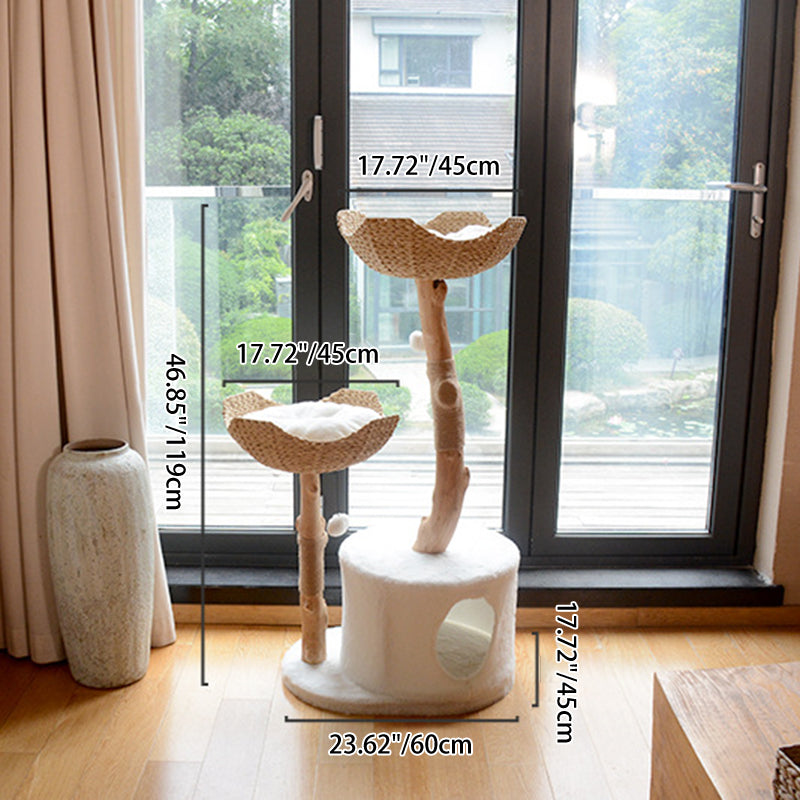 Contemporary Scandinavian Round Natural Fruitwood Particle Board Sisal Velvet Fabric Multi-Functional Cat Tree For Bedroom