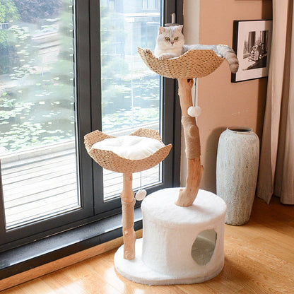 Contemporary Scandinavian Round Natural Fruitwood Particle Board Sisal Velvet Fabric Multi-Functional Cat Tree For Bedroom