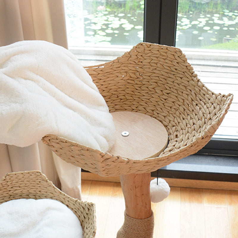 Contemporary Scandinavian Round Natural Fruitwood Particle Board Sisal Velvet Fabric Multi-Functional Cat Tree For Bedroom