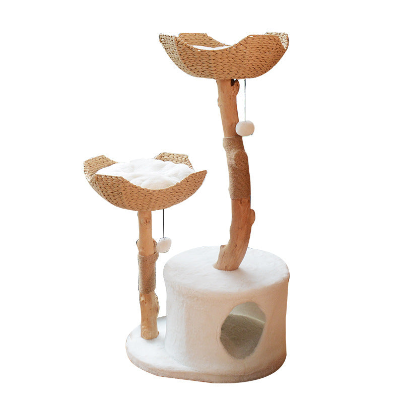 Contemporary Scandinavian Round Natural Fruitwood Particle Board Sisal Velvet Fabric Multi-Functional Cat Tree For Bedroom