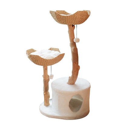 Contemporary Scandinavian Round Natural Fruitwood Particle Board Sisal Velvet Fabric Multi-Functional Cat Tree For Bedroom