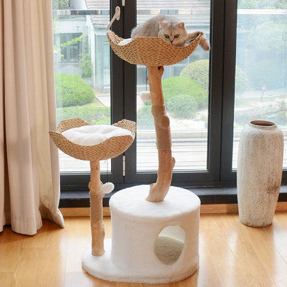 Contemporary Scandinavian Round Natural Fruitwood Particle Board Sisal Velvet Fabric Multi-Functional Cat Tree For Bedroom