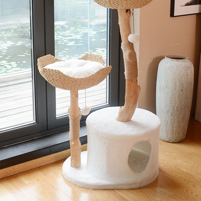 Contemporary Scandinavian Round Natural Fruitwood Particle Board Sisal Velvet Fabric Multi-Functional Cat Tree For Bedroom