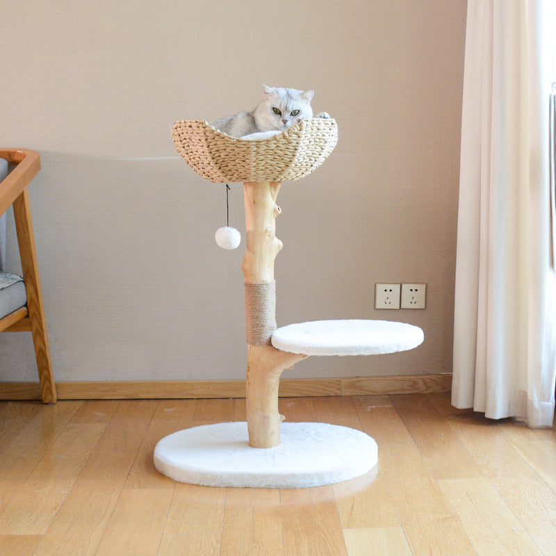 Contemporary Scandinavian Round Natural Fruitwood Particle Board Sisal Velvet Fabric Multi-Functional Cat Tree For Bedroom