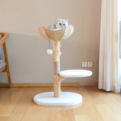 Contemporary Scandinavian Round Natural Fruitwood Particle Board Sisal Velvet Fabric Multi-Functional Cat Tree For Bedroom