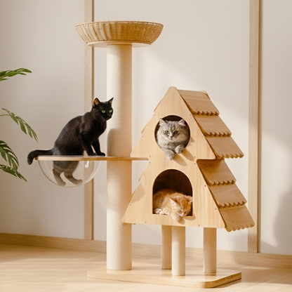 Contemporary Creative Rectangular Christmas Tree-Shaped Rubberwood Sisal Acrylic Multi-Functional Cat Tree For Living Room