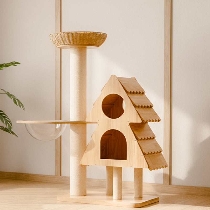 Contemporary Creative Rectangular Christmas Tree-Shaped Rubberwood Sisal Acrylic Multi-Functional Cat Tree For Living Room