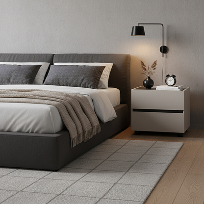 Modern Minimalist Dual-Drawer Nightstand: Light Luxury - Greige Neutral Storage Bedside Table For Bedroom