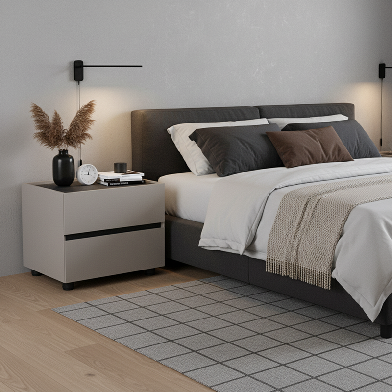 Modern Minimalist Dual-Drawer Nightstand: Light Luxury - Greige Neutral Storage Bedside Table For Bedroom