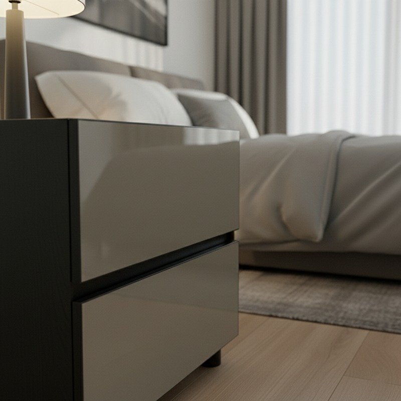 Modern Minimalist Dark-Tone Nightstand: Symmetrical Dual-Drawer - Lacquered Finish Bedside Accent Table For Bedroom