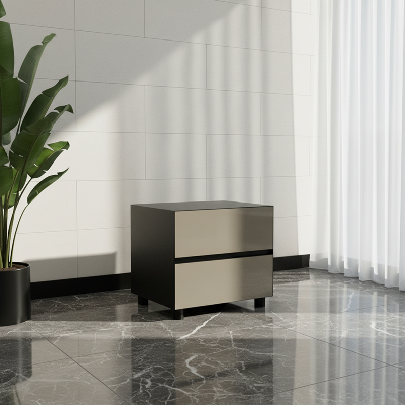Modern Minimalist Dark-Tone Nightstand: Symmetrical Dual-Drawer - Lacquered Finish Bedside Accent Table For Bedroom