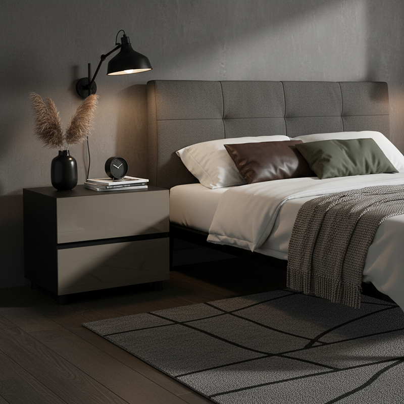 Modern Minimalist Dark-Tone Nightstand: Symmetrical Dual-Drawer - Lacquered Finish Bedside Accent Table For Bedroom