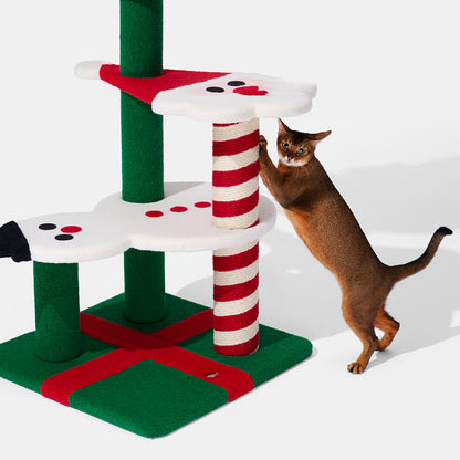 Contemporary Creative Round Reindeer Snowman Santa Claus Design Particle Board Polyester Fiber Jute Christmas Cat Tree 2/4-Tier For Bedroom