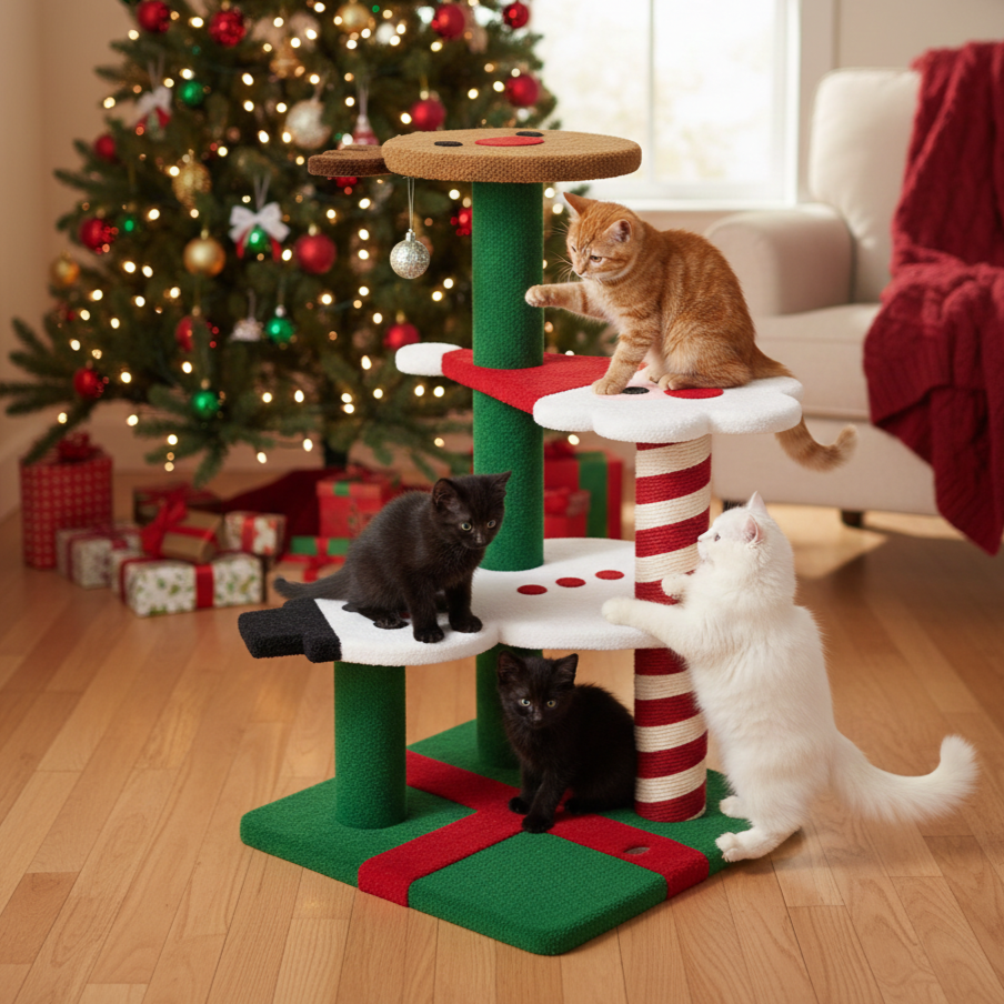 Contemporary Creative Round Reindeer Snowman Santa Claus Design Particle Board Polyester Fiber Jute Christmas Cat Tree 2/4-Tier For Bedroom