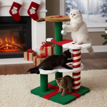 Contemporary Creative Round Reindeer Snowman Santa Claus Design Particle Board Polyester Fiber Jute Christmas Cat Tree 2/4-Tier For Bedroom