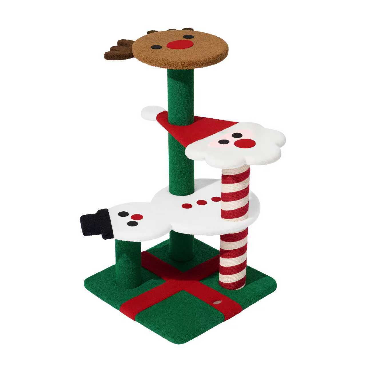 Contemporary Creative Round Reindeer Snowman Santa Claus Design Particle Board Polyester Fiber Jute Christmas Cat Tree 2/4-Tier For Bedroom