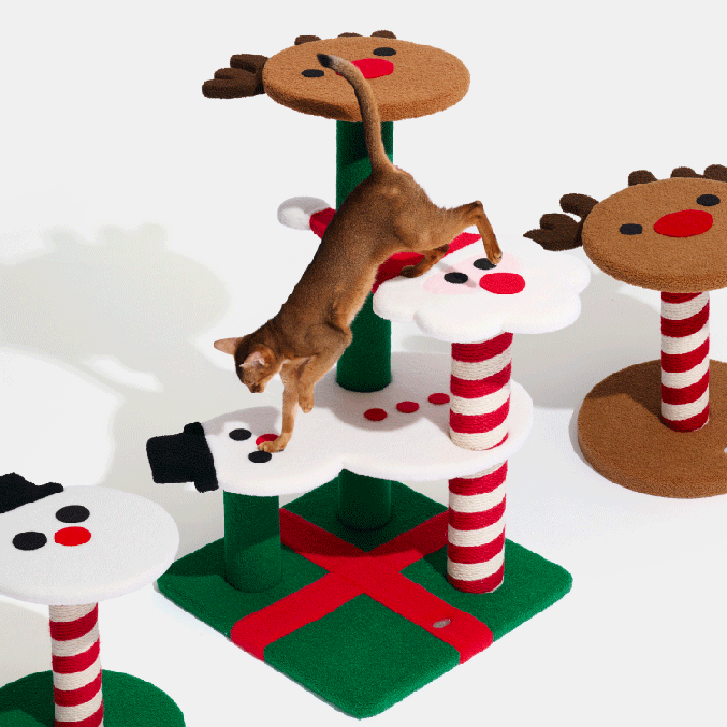 Contemporary Creative Round Reindeer Snowman Santa Claus Design Particle Board Polyester Fiber Jute Christmas Cat Tree 2/4-Tier For Bedroom
