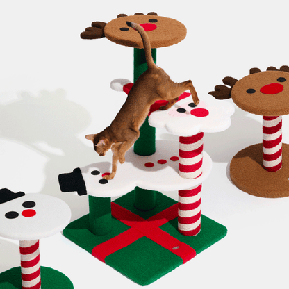 Contemporary Creative Round Reindeer Snowman Santa Claus Design Particle Board Polyester Fiber Jute Christmas Cat Tree 2/4-Tier For Bedroom
