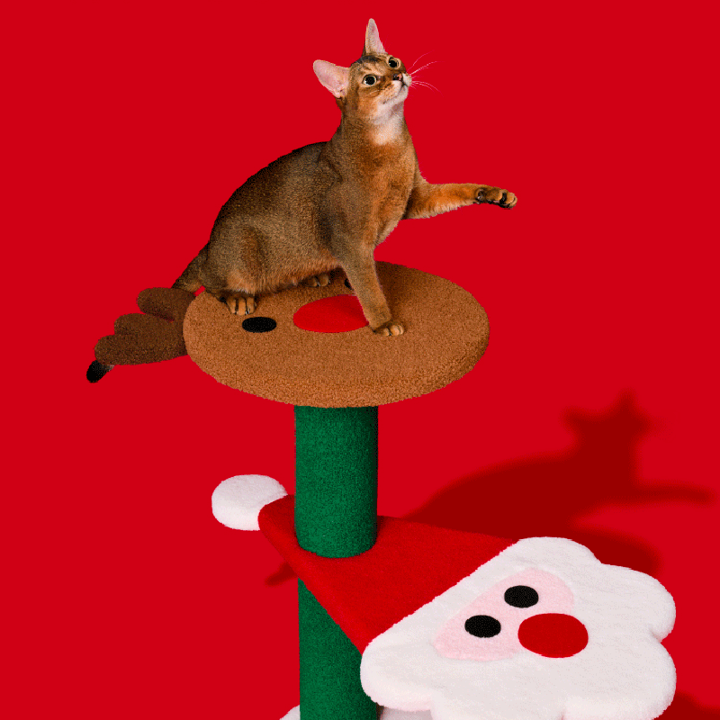 Contemporary Creative Round Reindeer Snowman Santa Claus Design Particle Board Polyester Fiber Jute Christmas Cat Tree 2/4-Tier For Bedroom