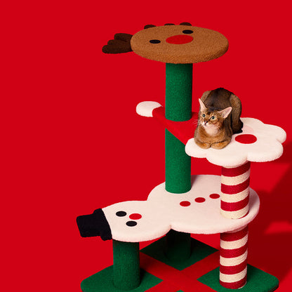 Contemporary Creative Round Reindeer Snowman Santa Claus Design Particle Board Polyester Fiber Jute Christmas Cat Tree 2/4-Tier For Bedroom