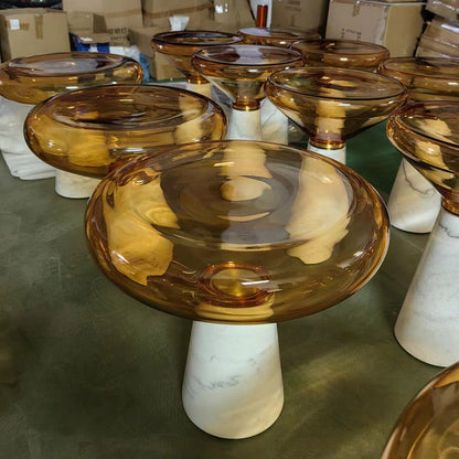 Modern Luxury Round Marble Tempered Glass Iron Side Table 1-Tier For Living Room