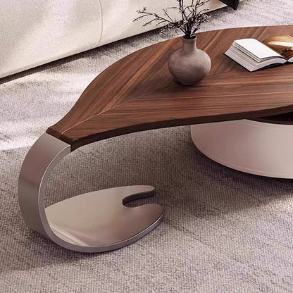 Modern Luxury Round Leaf-Shaped Medium-Density Fiberboard Veneered Saddle Leather Stainless Steel Coffee Table 1-Drawer For Living Room