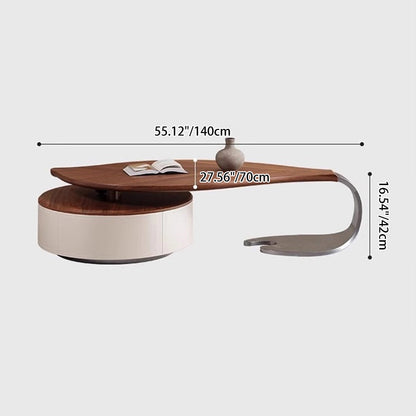 Modern Luxury Round Leaf-Shaped Medium-Density Fiberboard Veneered Saddle Leather Stainless Steel Coffee Table 1-Drawer For Living Room