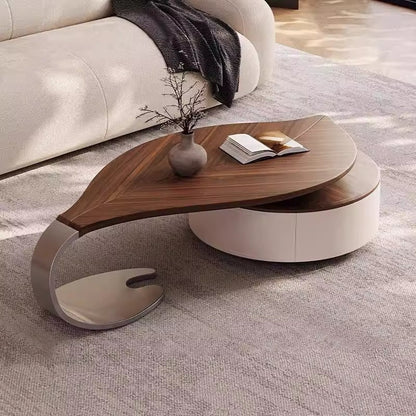 Modern Luxury Round Leaf-Shaped Medium-Density Fiberboard Veneered Saddle Leather Stainless Steel Coffee Table 1-Drawer For Living Room