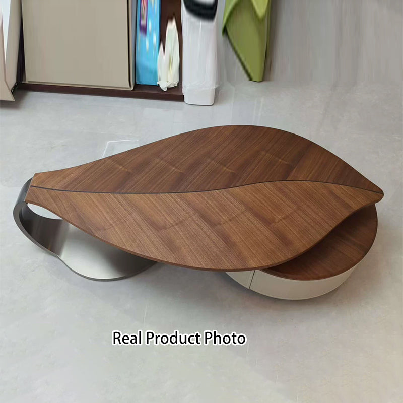 Modern Luxury Round Leaf-Shaped Medium-Density Fiberboard Veneered Saddle Leather Stainless Steel Coffee Table 1-Drawer For Living Room
