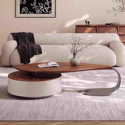 Modern Luxury Round Leaf-Shaped Medium-Density Fiberboard Veneered Saddle Leather Stainless Steel Coffee Table 1-Drawer For Living Room