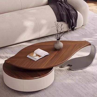 Modern Luxury Round Leaf-Shaped Medium-Density Fiberboard Veneered Saddle Leather Stainless Steel Coffee Table 1-Drawer For Living Room
