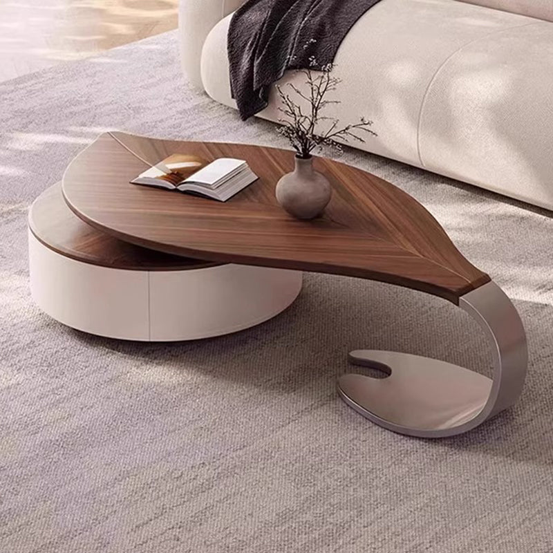 Modern Luxury Round Leaf-Shaped Medium-Density Fiberboard Veneered Saddle Leather Stainless Steel Coffee Table 1-Drawer For Living Room