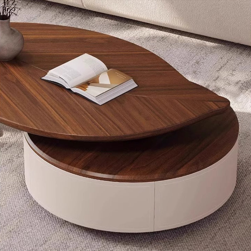 Modern Luxury Round Leaf-Shaped Medium-Density Fiberboard Veneered Saddle Leather Stainless Steel Coffee Table 1-Drawer For Living Room