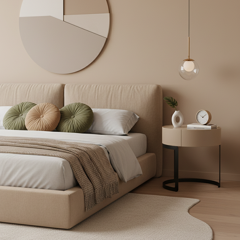 Modern Luxury French Cream-Style Single-Drawer Nightstand: Beige Lacquer Finish - Floating Storage Bedside Table For Bedroom