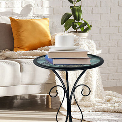Traditional European Round Iron Heat-Sealed Glass Side Table For Outdoor Patio & Living Room