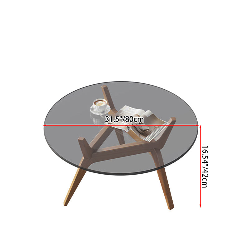 Traditional Vintage Round Rubberwood Solid Wood Tempered Glass Coffee Table For Living Room