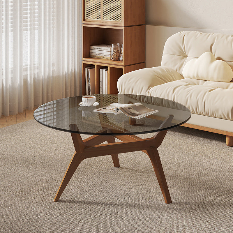 Traditional Vintage Round Rubberwood Solid Wood Tempered Glass Coffee Table For Living Room
