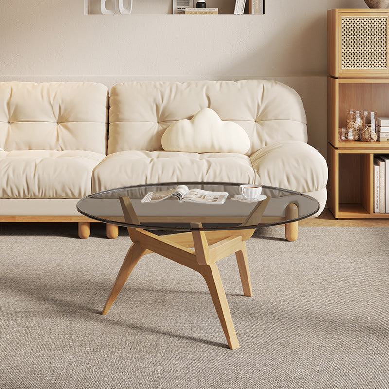 Traditional Vintage Round Rubberwood Solid Wood Tempered Glass Coffee Table For Living Room