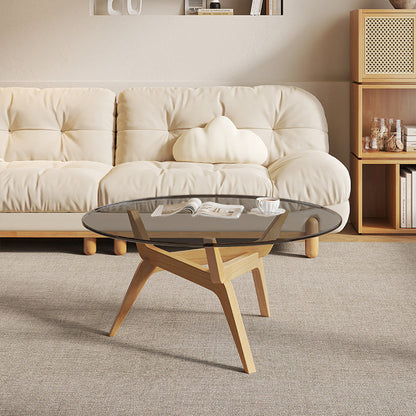 Traditional Vintage Round Rubberwood Solid Wood Tempered Glass Coffee Table For Living Room