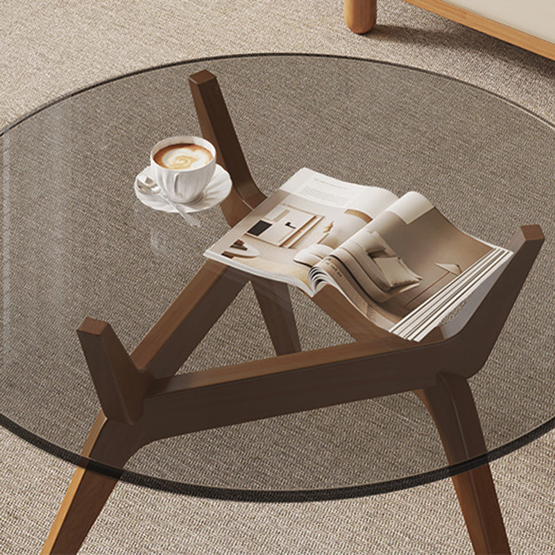 Traditional Vintage Round Rubberwood Solid Wood Tempered Glass Coffee Table For Living Room