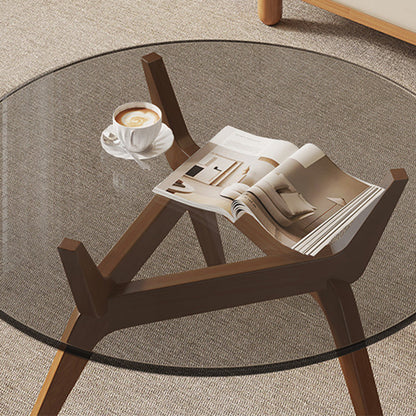 Traditional Vintage Round Rubberwood Solid Wood Tempered Glass Coffee Table For Living Room