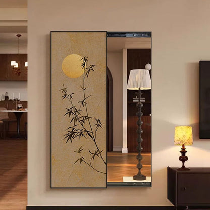 Traditional Chinese Rectangular Aluminum Alloy Crystal Ceramic Canvas Float Glass Push-Slide Full-Length Mirror For Bedroom & Entryways