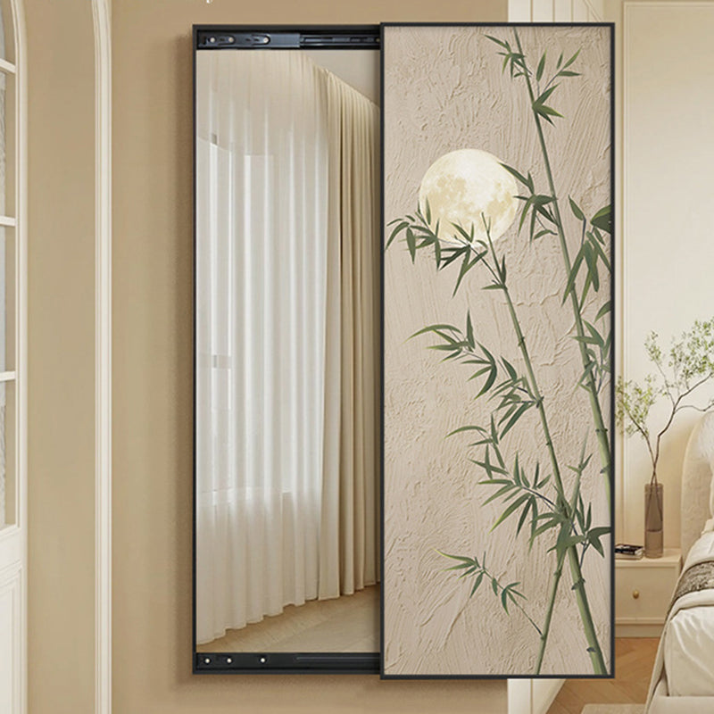 Traditional Chinese Rectangular Aluminum Alloy Crystal Ceramic Canvas Float Glass Push-Slide Full-Length Mirror For Bedroom & Entryways